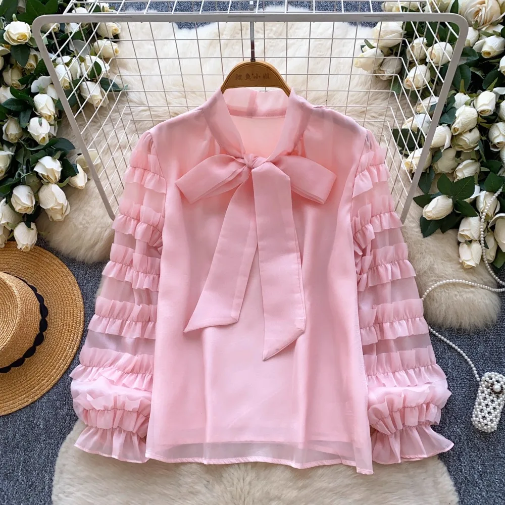 

Французская элитная женская сетчатая блузка с длинными рукавами, бантом и кружевными оборками в стиле знаменитостей, свободный повседневный базовый топ