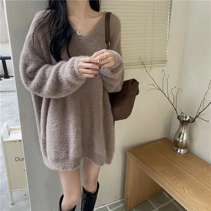 

2023 Autumn Winter New Pullover Sweater Women Loose Korean 2023 V Collar Thick Knit Top Female Spring Sweaters Mujer T282