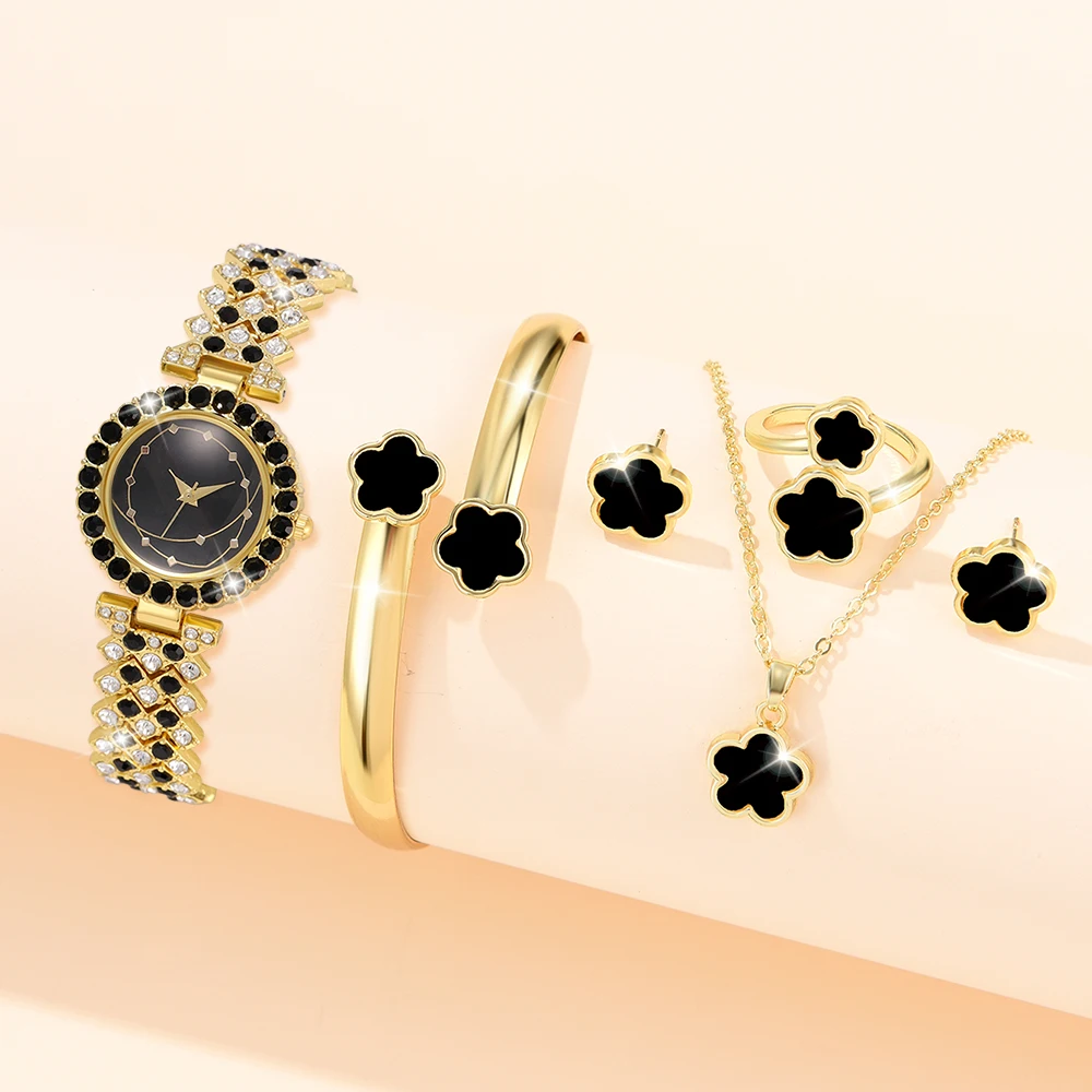 

6 шт./компл. женские золотые часы с ремешком из нержавеющей стали, модные кварцевые наручные часы со стразами и ожерелье, серьги, кольца, комплект ювелирных изделий
