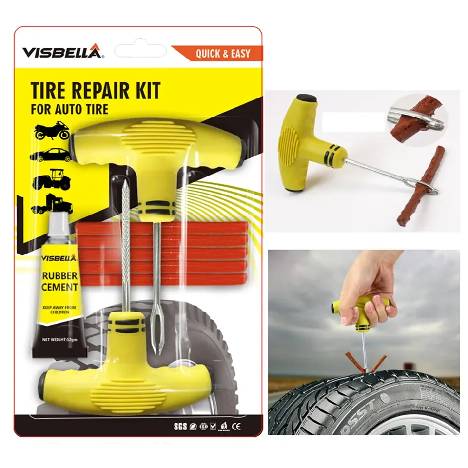 Visbella Car Tire Damage Hole Repair Tools with Rubber Strips Tubeless Tyre Puncture Studding Plug Set for Truck Motorcycle