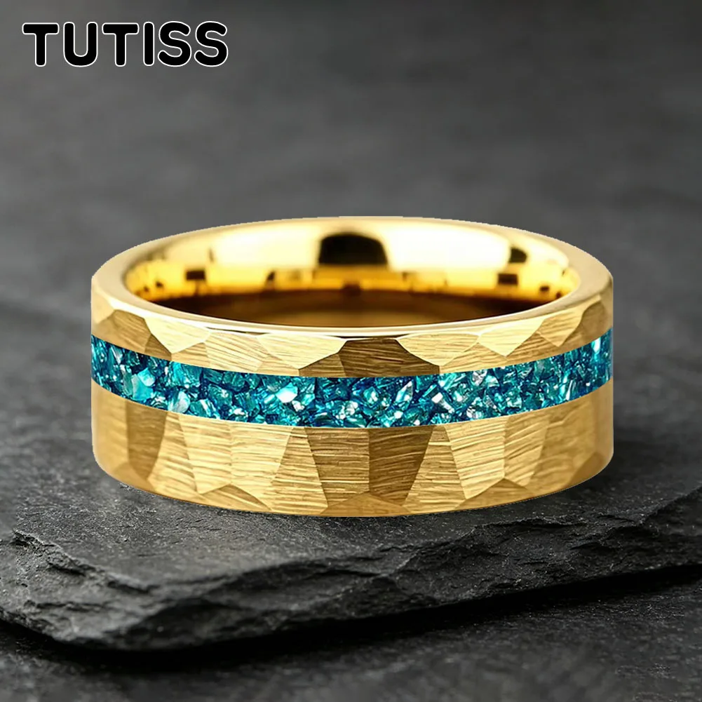 TUTISS 6/8mm Hammered Offset Groove Inlaid Blue Crystal Stone Tungsten Carbide Ring, Couple Ring, Anniversary Commemorative Ring view 5