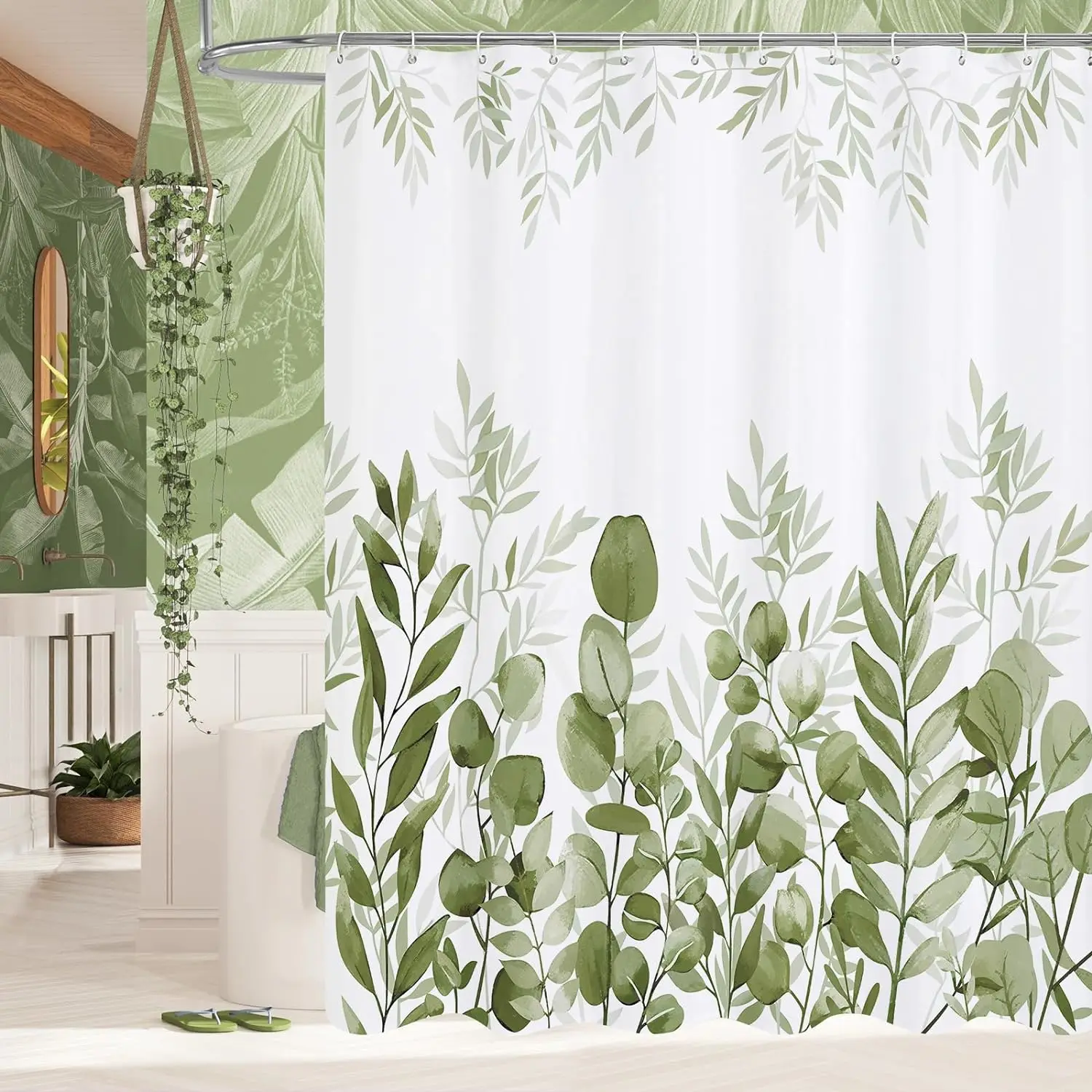 Green Leaves on the Top Shower Curtains Plants Leaf Pink Flowers Birds Greenery Bathroom Decor Nordic Minimalist Bath Curtain