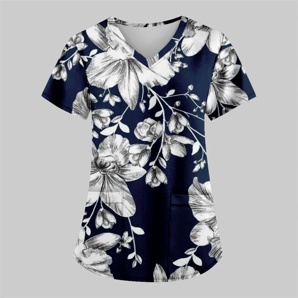 Scrub Medical Woman Floral Print Vet Nursing Tops Fashion V-Neck Short Sleeve Patch Pocket Health Care Clinical Uniform Woman