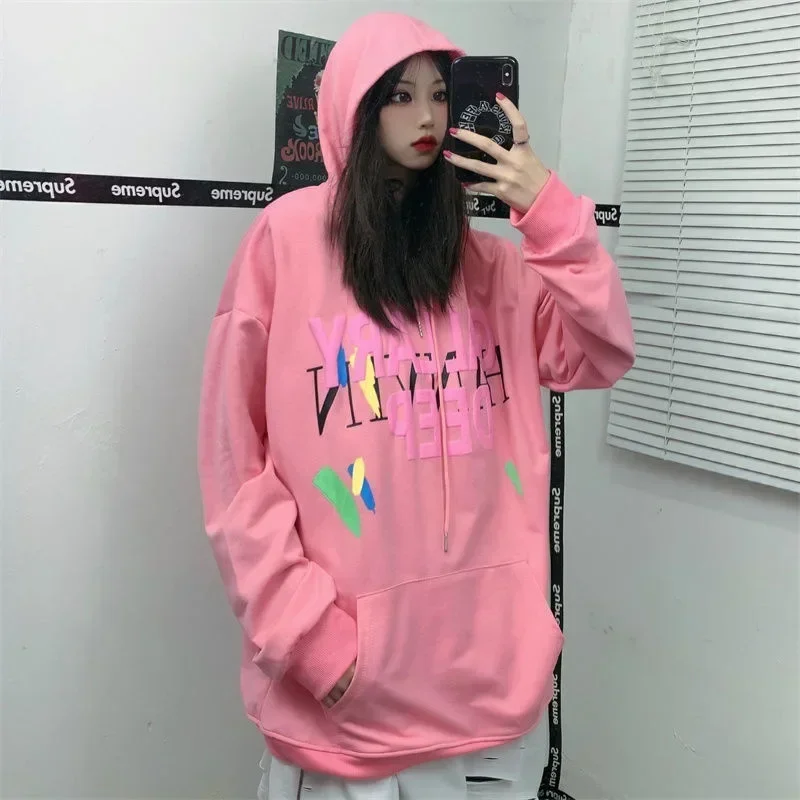 Korean Spring Autumn Letter Print Hooded Sweatshirt Women Fashion Harajuku Oversized Hoodie Tops Loose Y2k Hoodies Women Clothes