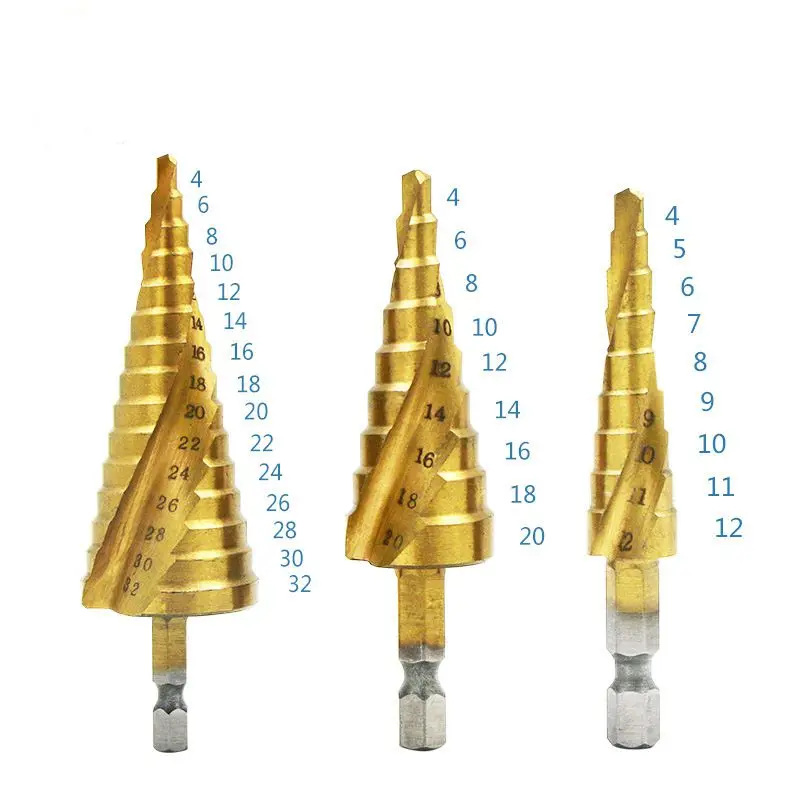 3Pcs HSS Spiral Groove twise Step Cone Drill Bit Set Flute Pagoda Metal Hole Cutter Titanium Coated Wood Drill 4-12/20/32mm