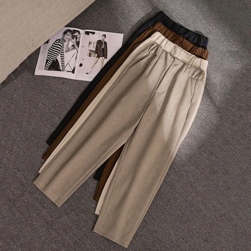 Fall Winter Thick Woolen Pants Women Korean High Waist Office Lady Casual Suit Pants Harajuku All-Match Harem Pencil Trousers