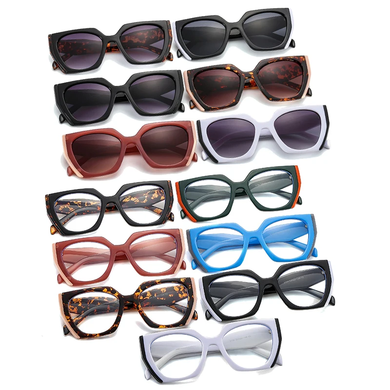 SO&EI Ins Popular Fashion Polygon Cat Eye Sunglasses Women Vintage Clear Gradient Shades UV400 Men Double Color Sun Glasses