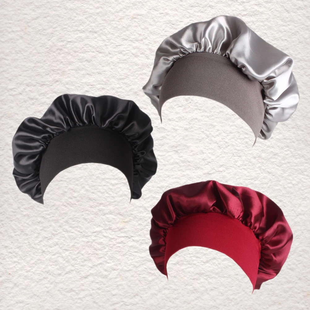 

3pcs 32X32Cm Satin Hair Bonnet For Women Sleep Cap Wide Band Elastic Lady Chemo Bathing Cap Running Hat Soft Durable