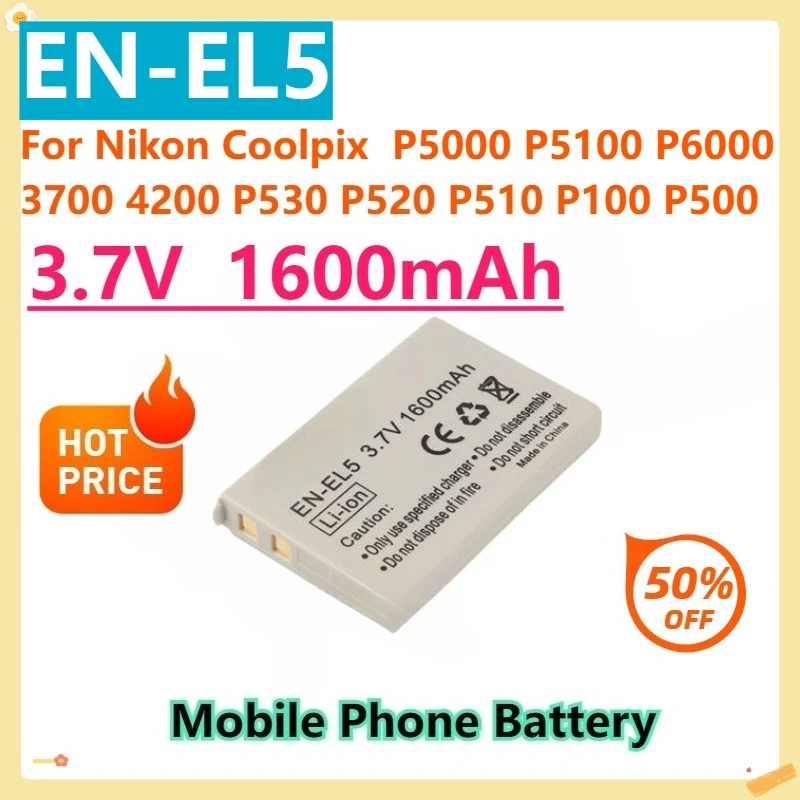 

For Nikon Coolpix P5000 P5100 P6000 3700 4200 P530 P520 P510 P100 P500 3.7V 1600mAh EN-EL5 Camera Replacement Battery