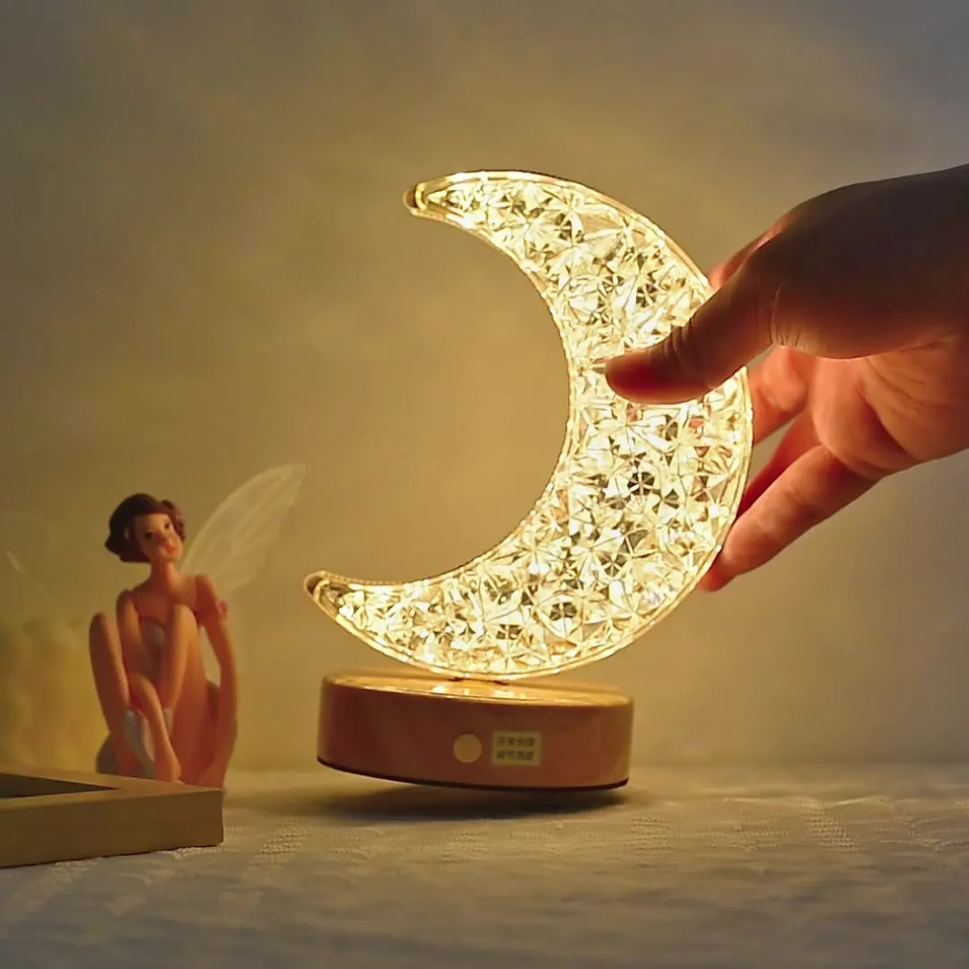 Arte criativa Lua Bedhead Night Light, cristal acrílico quente, abajur de mesa, usb, decoração do quarto