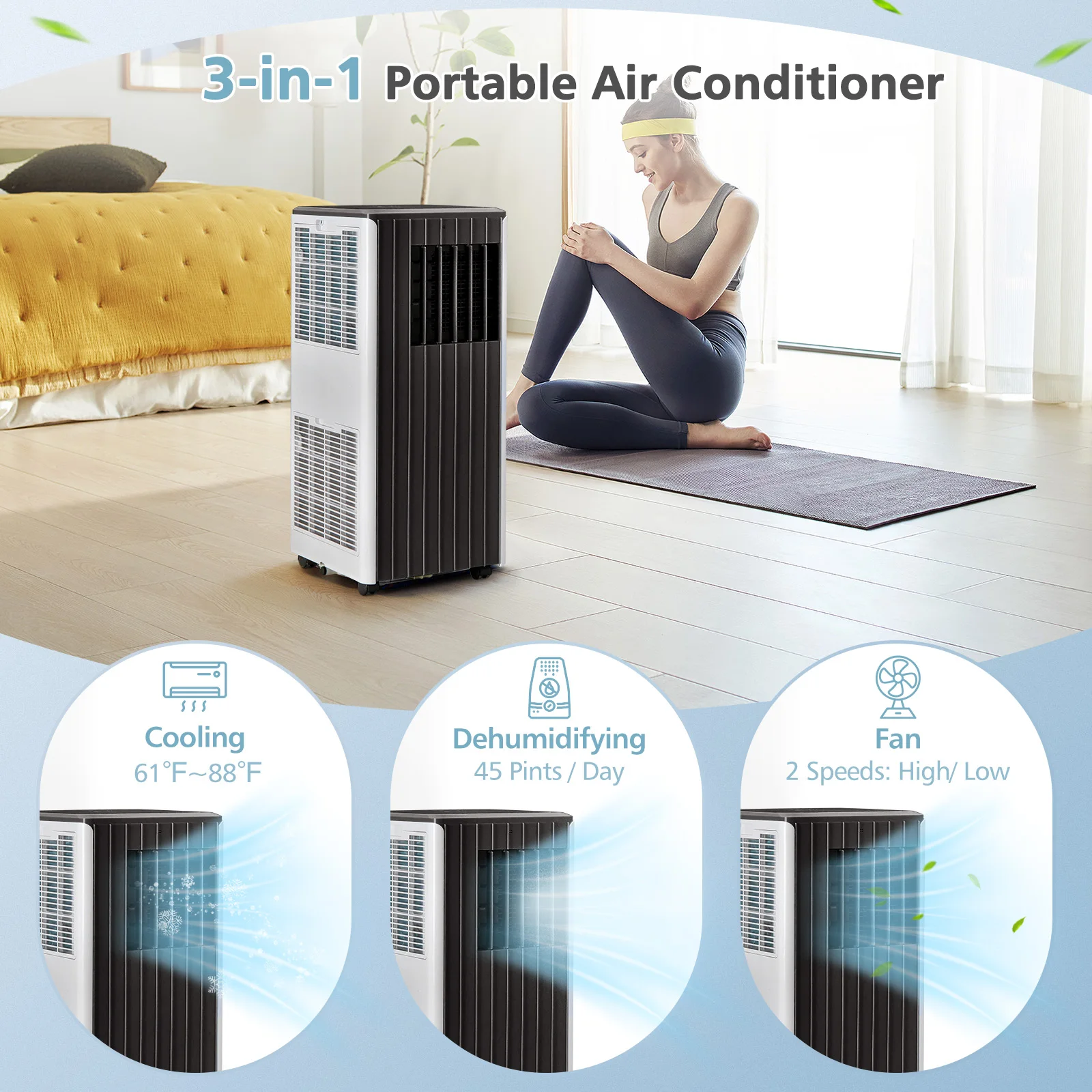 8000 BTU Portable Air Conditioner 3-in-1 AC Unit w/ Cool Dehum Fan Sleep Mode