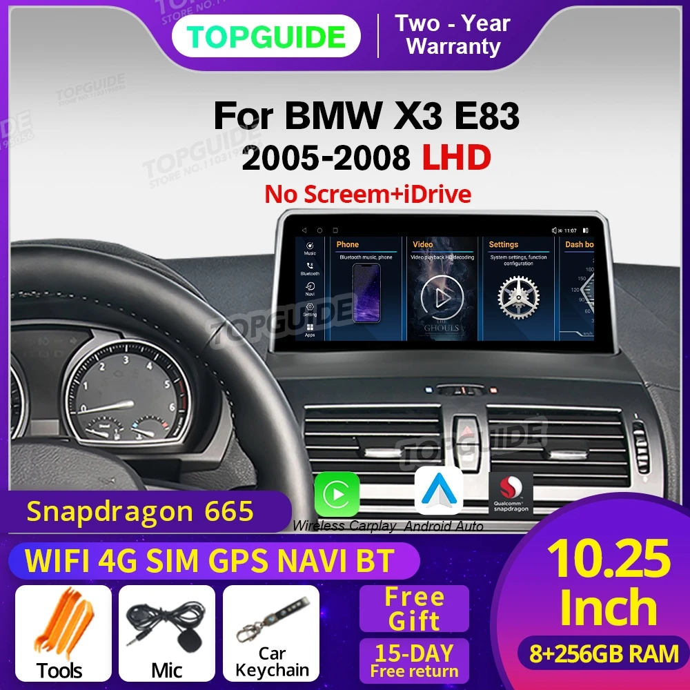 TOPGUIDE 10.25 Inch  4G Wifi Carplay Car Radio For BMW X3 E83 2005-2008 LHD Multimedia Player Android Auto Stereo Headunit BT