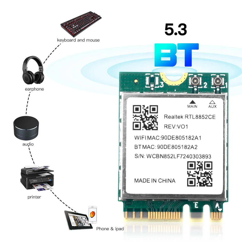 Wi-Fi 6E Realtek RTL8852CE Сетевая карта Wi-Fi 5374 Мбит/с BT5.3 802.11AX M.2 Беспроводной Wi-Fi адаптер AX5400 2,4G/5G/6GHz для Win 10/11