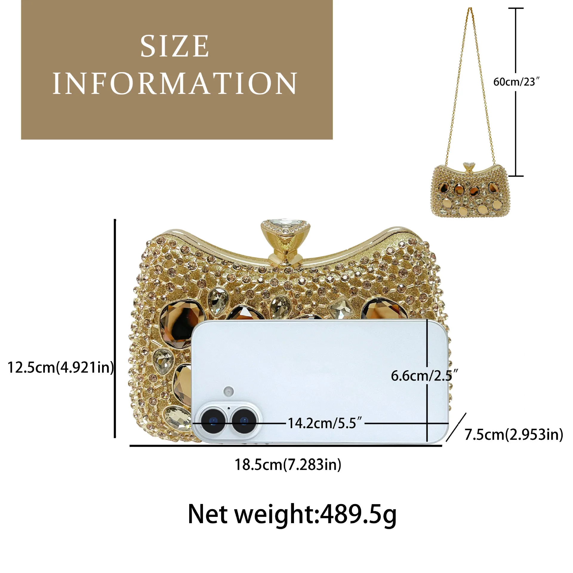 Light Gold Full Cover Irregular Large Gemstone Wave Frame Clutch Women Fashion Evening Handbag For Runway Banquet Cocktail Party