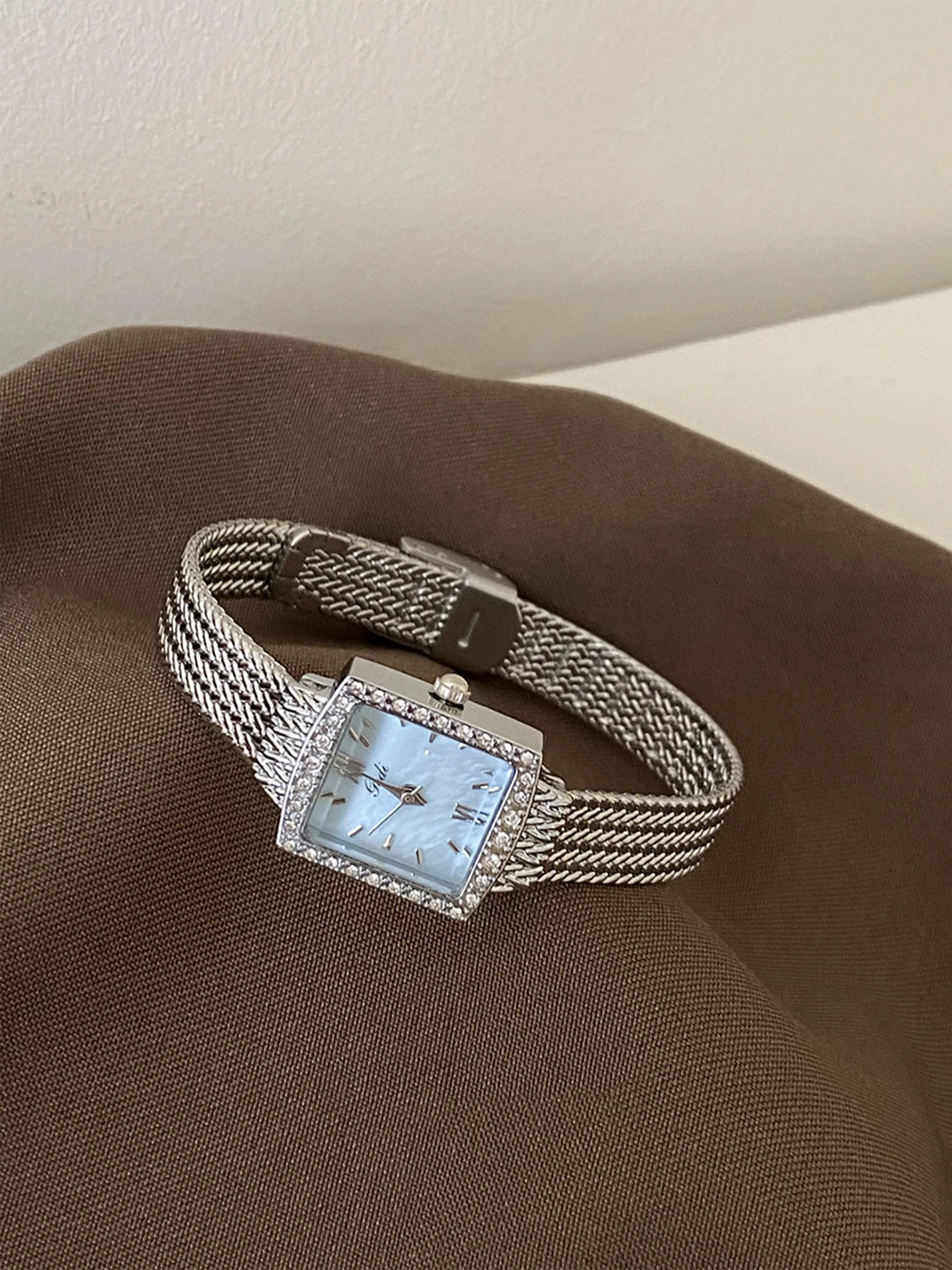 

Luxury Women's Watch Square Case, Diamond-Set, Light Blue Mother-of-Pearl Dial, Water-Resistant, Quartz Authentic Watches Gift