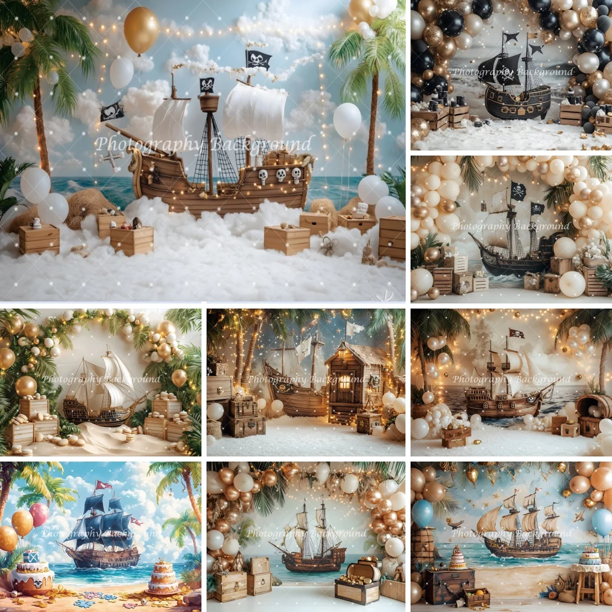 

Pirate Sailboat Photography Backdrop Black Gold Balloons Wooden Box Skull Baby Shower Kids Boy Birthday Party Decor Background