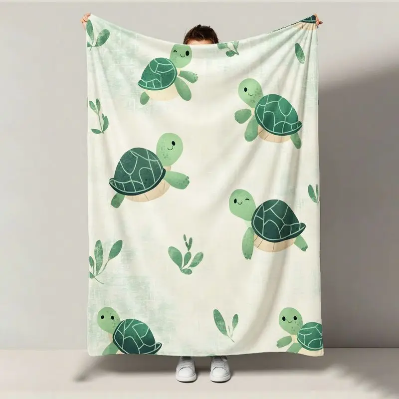 

1pc Sea Turtle Fleece Blanket - Green Turtles/Leaf/Mint Green/White, Kids/Christmas/Mother’s Day Gift
