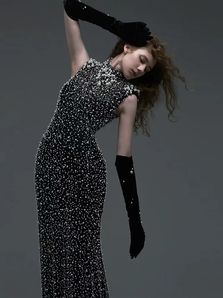 Black fish exhaust art examination grand and form-fitting long dress for banquet hosts