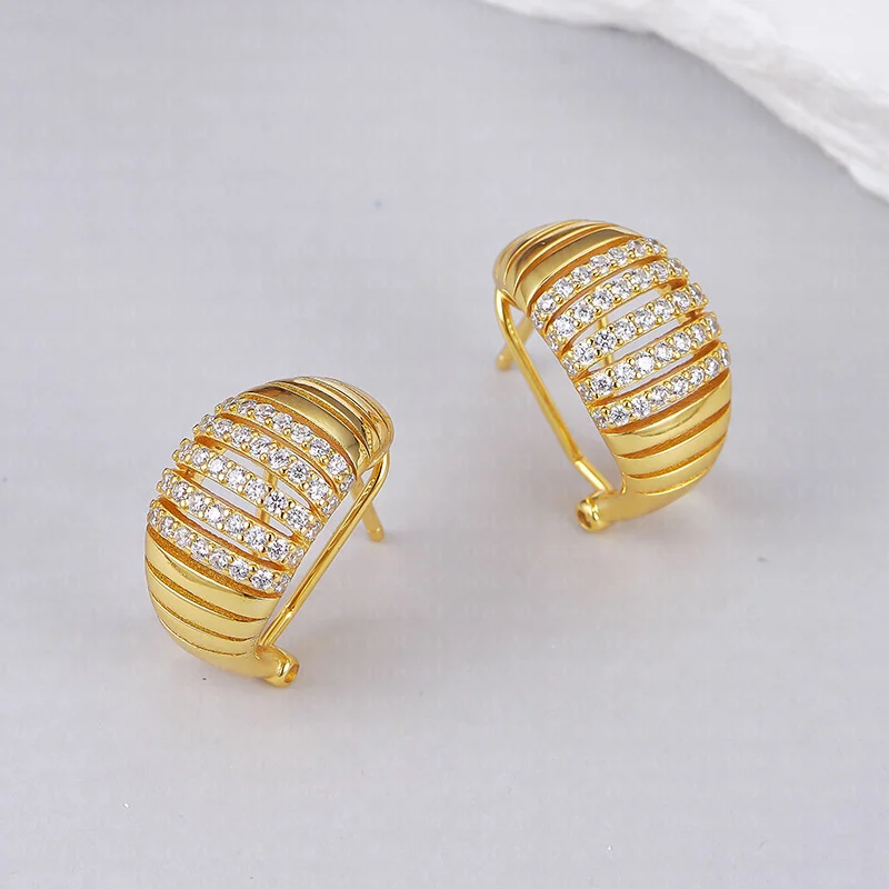 S925 Sterling Silver Charms Clips Earrings for Women Hollow Striped Pattern Zircon C-shaped Ear-clips Fashion Jewelry Wholesale