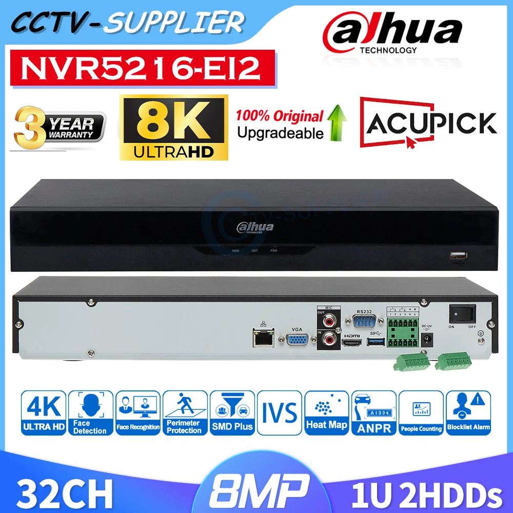 Dahua 8K Wizsense AcuPick AI-By NVR NVR5216-EI2 16 Canales Serie 5 2 Bahías 1U 2HDD Sin PoE 32MP NVR Grabador de Red HDMI VGA