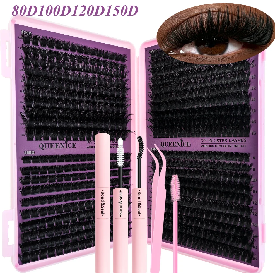 DIY Wimpern-Cluster-Set D-Curl 80D 100D 120D 150D Fluffy Wimpern-Cluster 8-16mm Mix mit Kleber, Versiegelungsmittel und Pinzette – Detail 1
