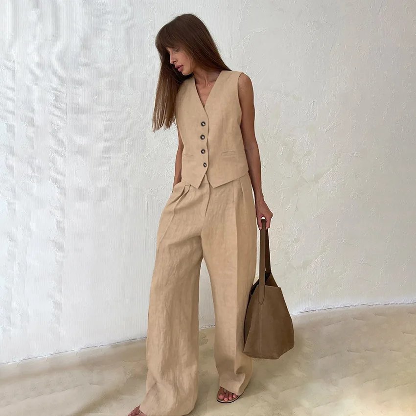 Summer Suits Women V Neck Single Button Sleeveless Chic Blazer+High Waist Pants Cotton Linen Office Ladies two-piece Outfits