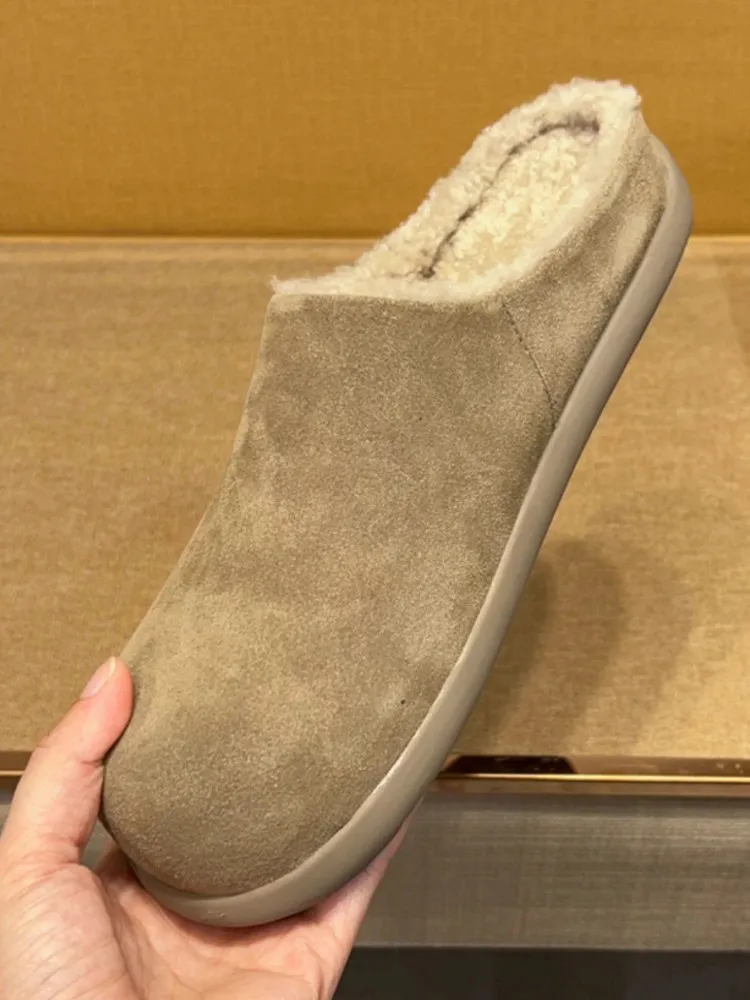 Winter Men Warm Wool Lining Real Cow Suede Leather Slippers Close Toe Thick Platform Slip On Loafers Vintage Casual Slides Shoes