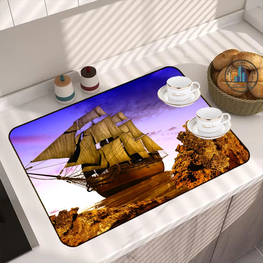 Sailboat Printed Diatom Mud Coffee Machine Mat Kitchen Table Drain Pads Tableware Pad Kitchen Non Slip Mat Kitchen Accessories