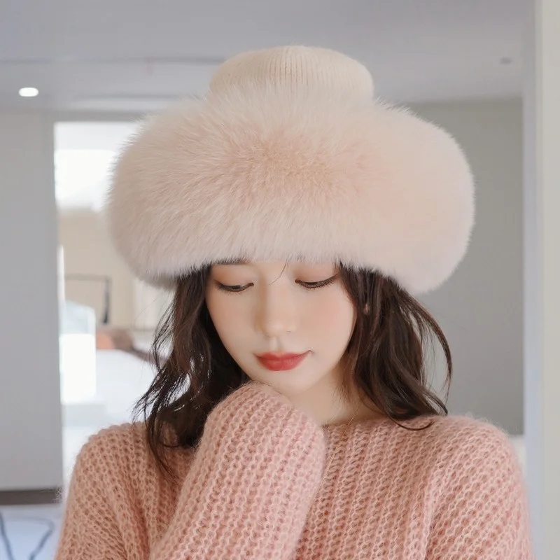 

Women's New Style Fluffy Fur Hat Luxury Warm Fox Fur Basin Hat Winter High Quality Knit Dome Ear-protector Fur Hat