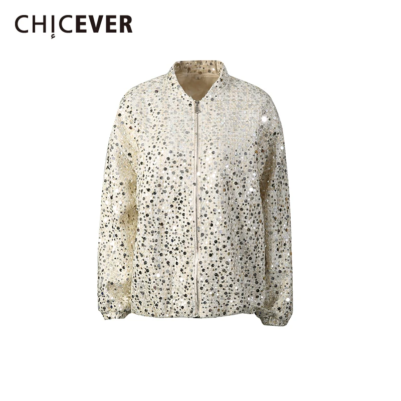 

CHICEVER Silver Spliced Sequins Jacket Female Stand Collar Long Sleeve Loose Vintage Luxury Women's Jackets Autumn Fashion New