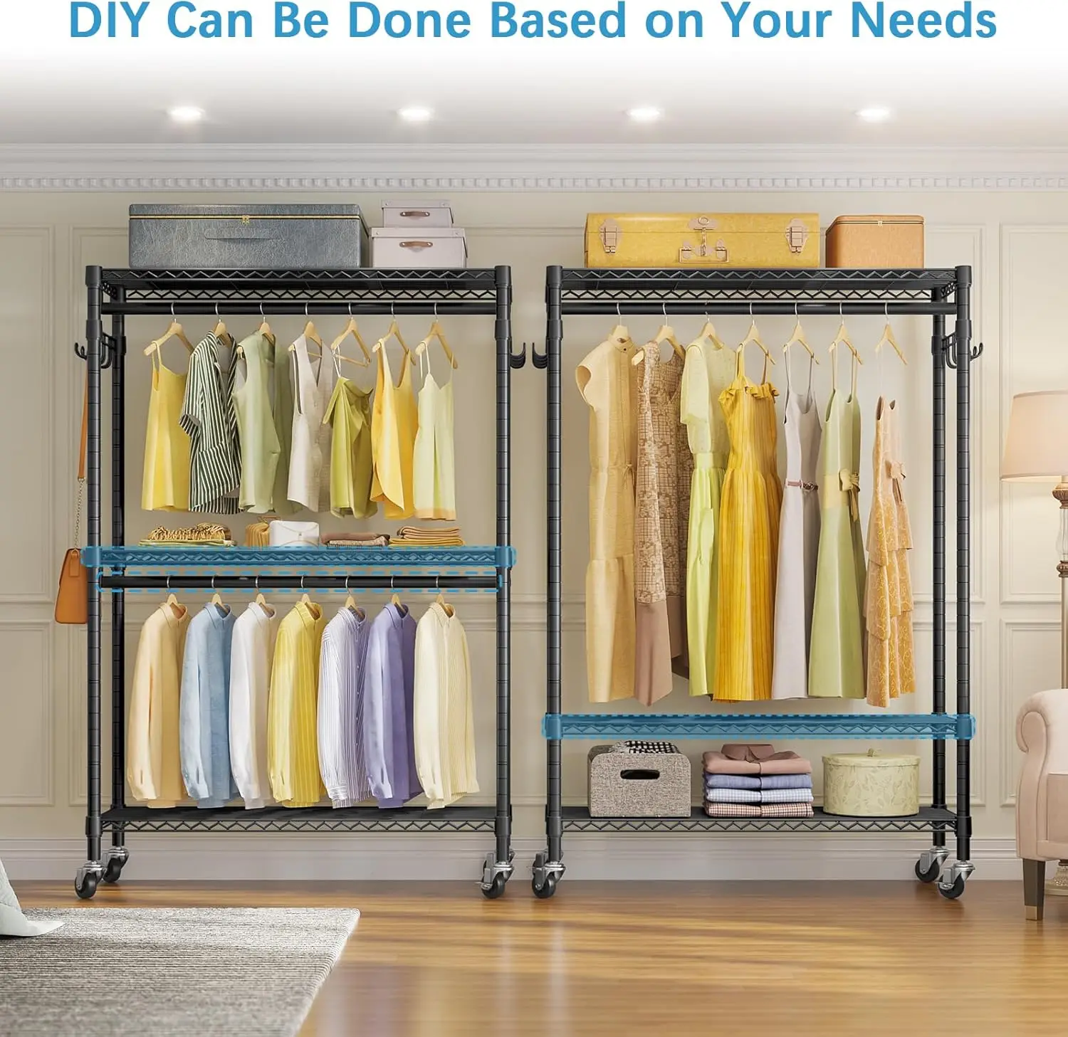 Garment Rack 3 Tiers Adjustable Wire Shelving Clothes Rack with Double Rods and Side Hooks, Freestanding Wardrobe Storage Rack M