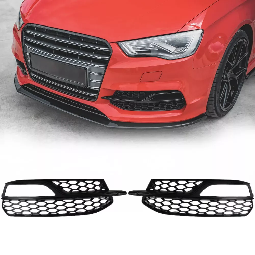 Gloss Black Car Front Bumper Fog Light Lamp Grille Cover Honeycomb Mesh For Audi S3 A3 S-Lines 2014-2016 8V3807681 8V3807682