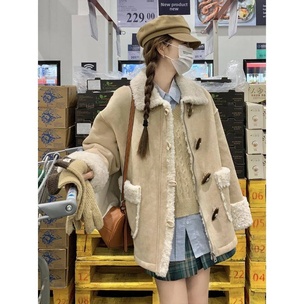 

Khaki Corner Buttoned Wool Blend Women's Winter Thiened Suede Cotton Jaet Inteated Design Commute Sle Pure Color