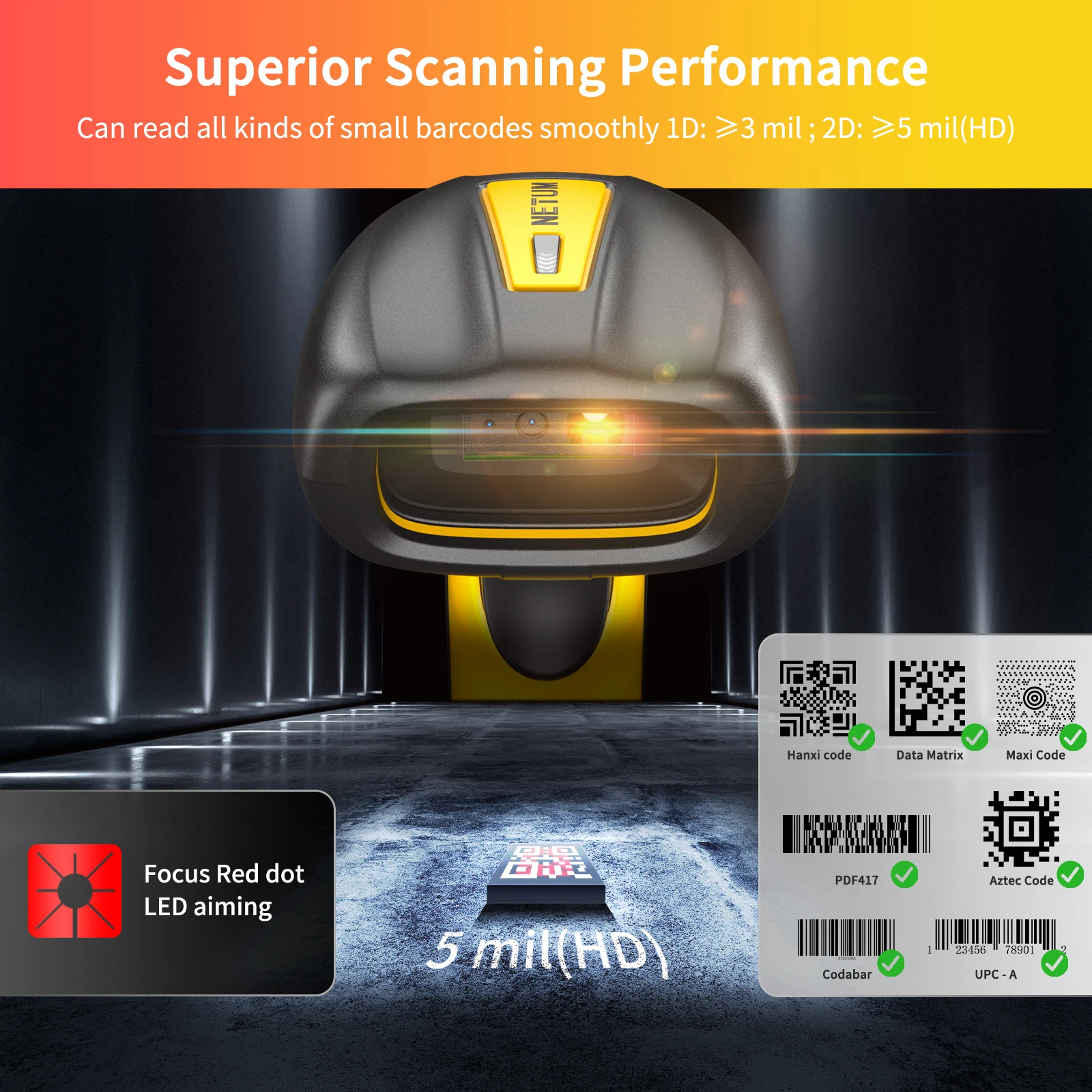 NETUM NT-1698W Handheld Wirelress Barcode Scanner AND NT-1228BL Bluetooth 1D/2D QR Bar Code Reader PDF417 for IOS Android IPAD