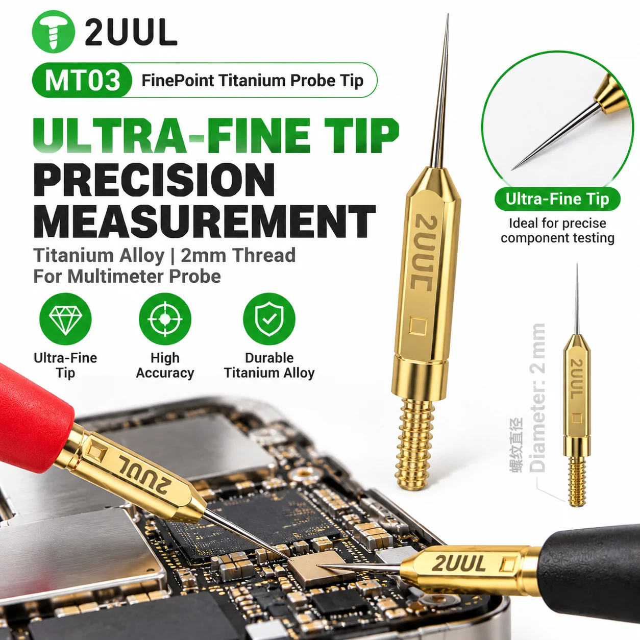 2UUL MT03 Ultra Fine Multimeter Test Probe Tips 2mm Sharp Needle For Mobile Phone PCB Maintenance Repair Tool