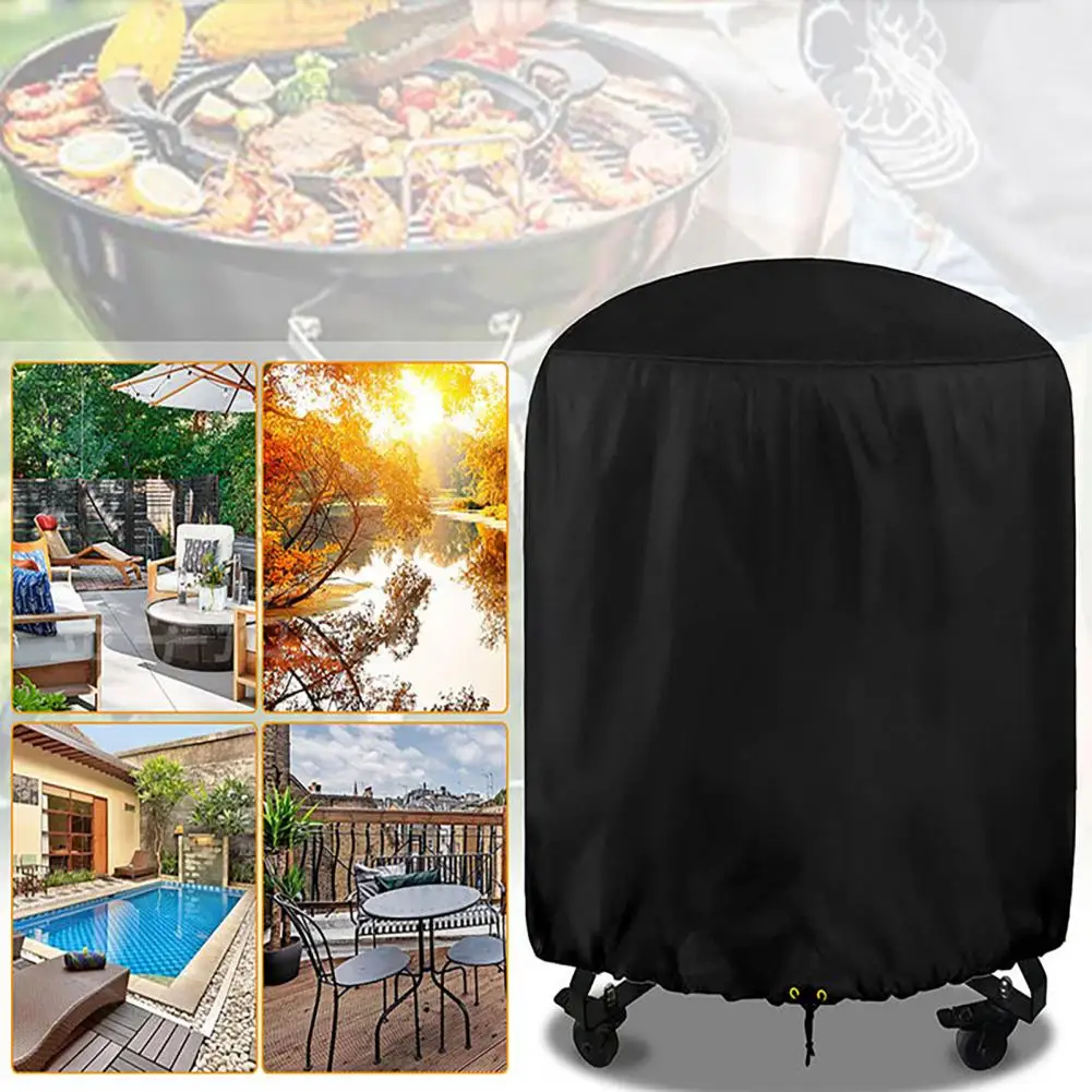 

210d Oxford Cloth Cover Waterproof Round Bbq Grill Cover with Drawstring Fix Design Sunshade Outdoor Furniture for All-weather