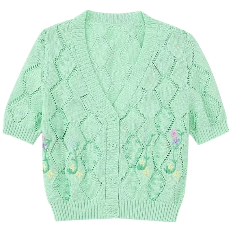 유행 V 넥 짧은 소매 니트 여성 여름 새 스타일 다목적 의류 통근 스타일 순수 컬러 버튼 업 카디건