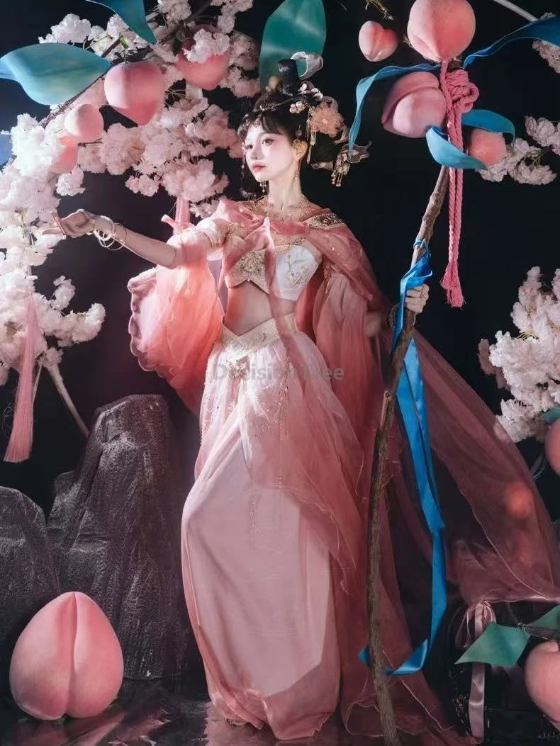 Pink Mermaid Princess Chinese Dunhuang Style Hanfu Western Girl Exotic Dress Embroidery Fairy Cosplay Stage Performance Outfit