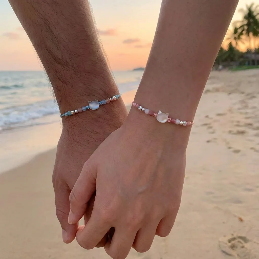

Cute Moonstone Cat Couple Bracelet For Women Pink Blue Beaded Braided Promise Jewelry Valentine's Day Gift for Lover Girlfriend