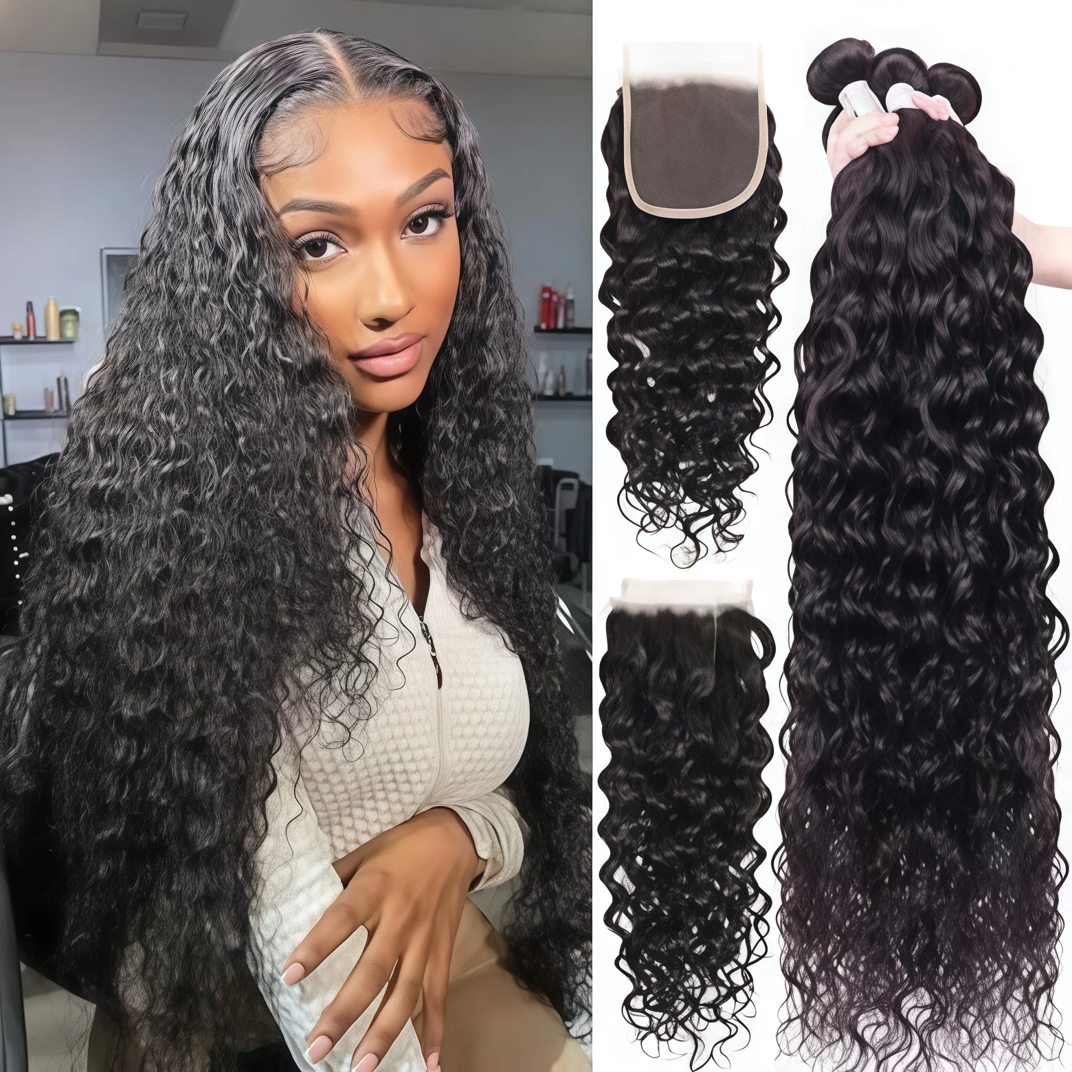 

Наборы волос Water Bundles с закрытым концом 4x4, влажные и волнистые, Virgin Water Wave, Loose Deep Wave, 100% натуральные человеческие волосы, с закрытым концом, Remy Hair
