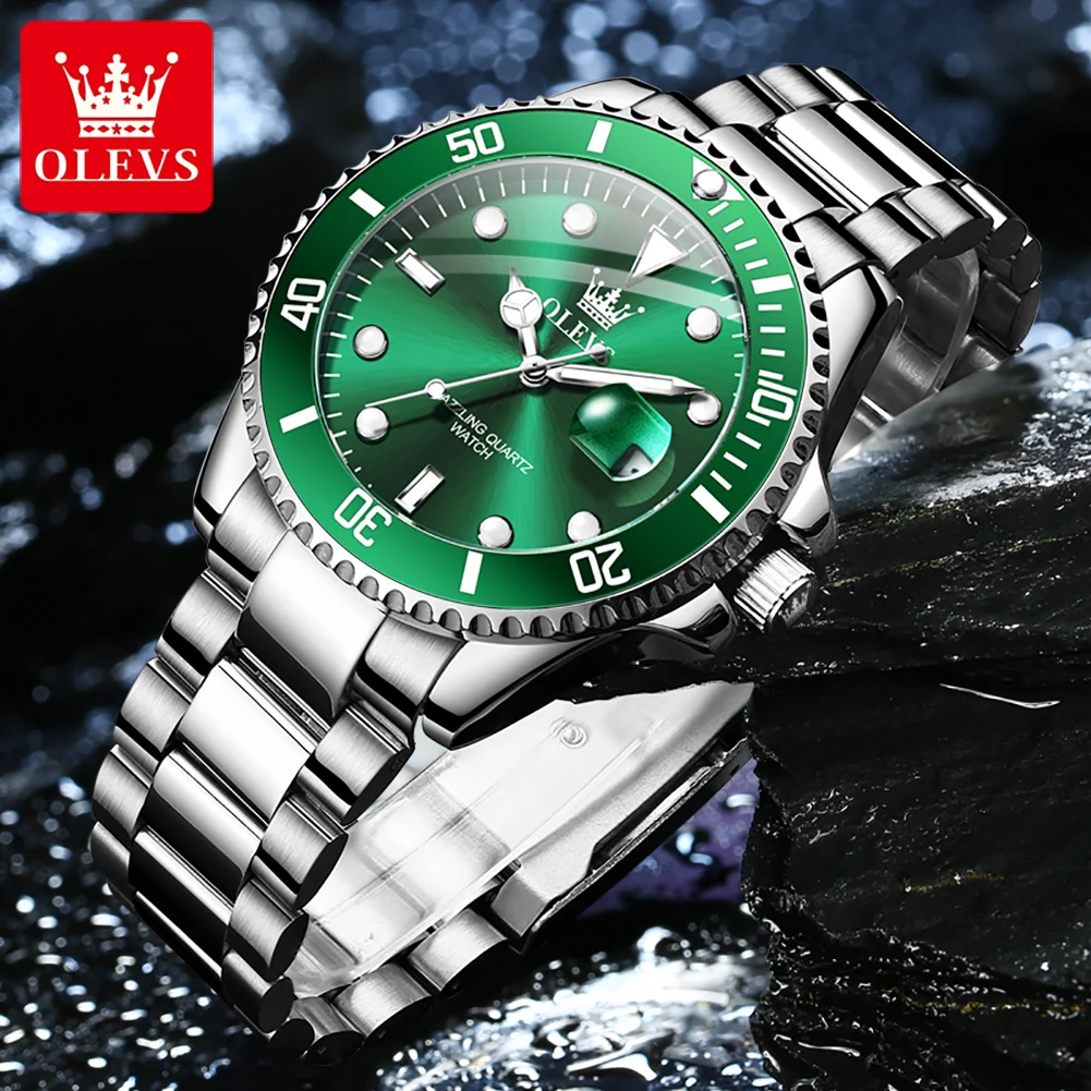 Olevs relógio masculino de aço inoxidável marca superior verde água fantasma quartzo relógio de pulso à prova dwaterproof água calendário luminoso luxo reloj