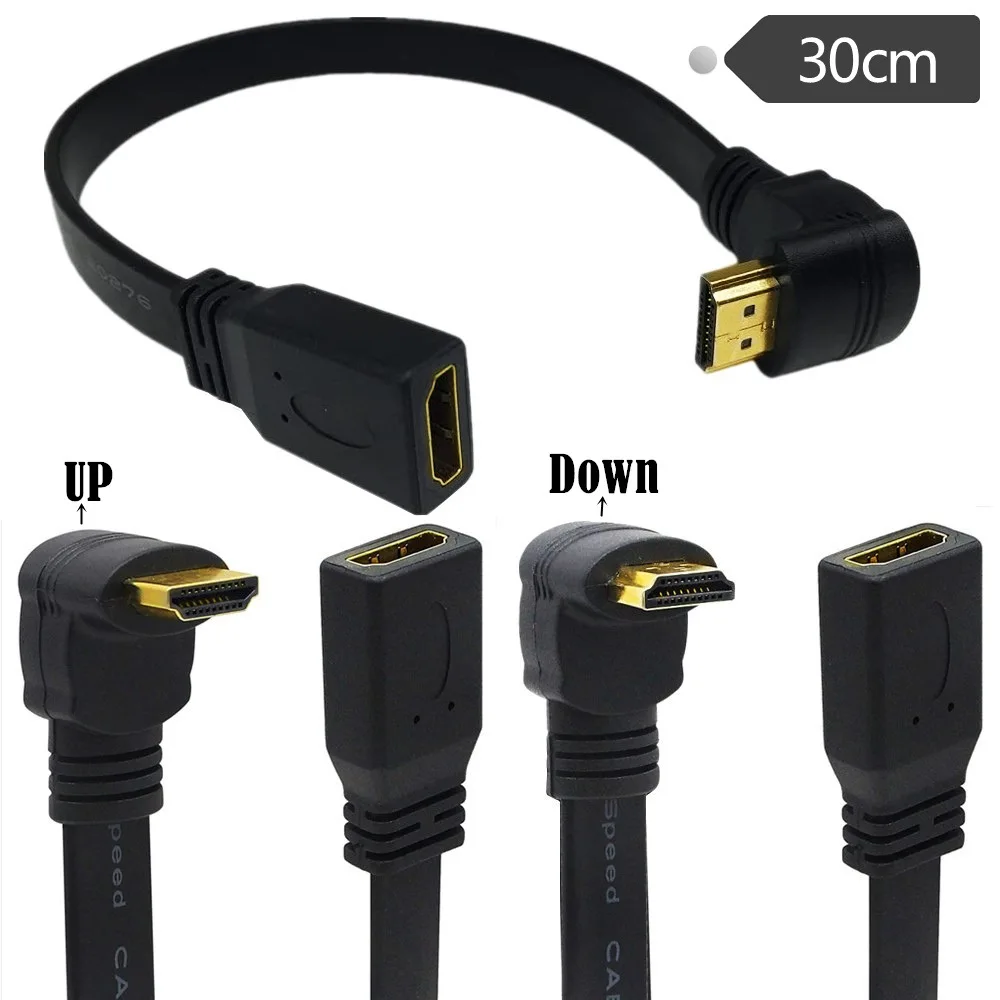 1FT شقة ضئيلة عالية السرعة HDMI تمديد كابل أنثى إلى ذكر 90 درجة أسفل/أعلى زاوية الحبل AM/AF
