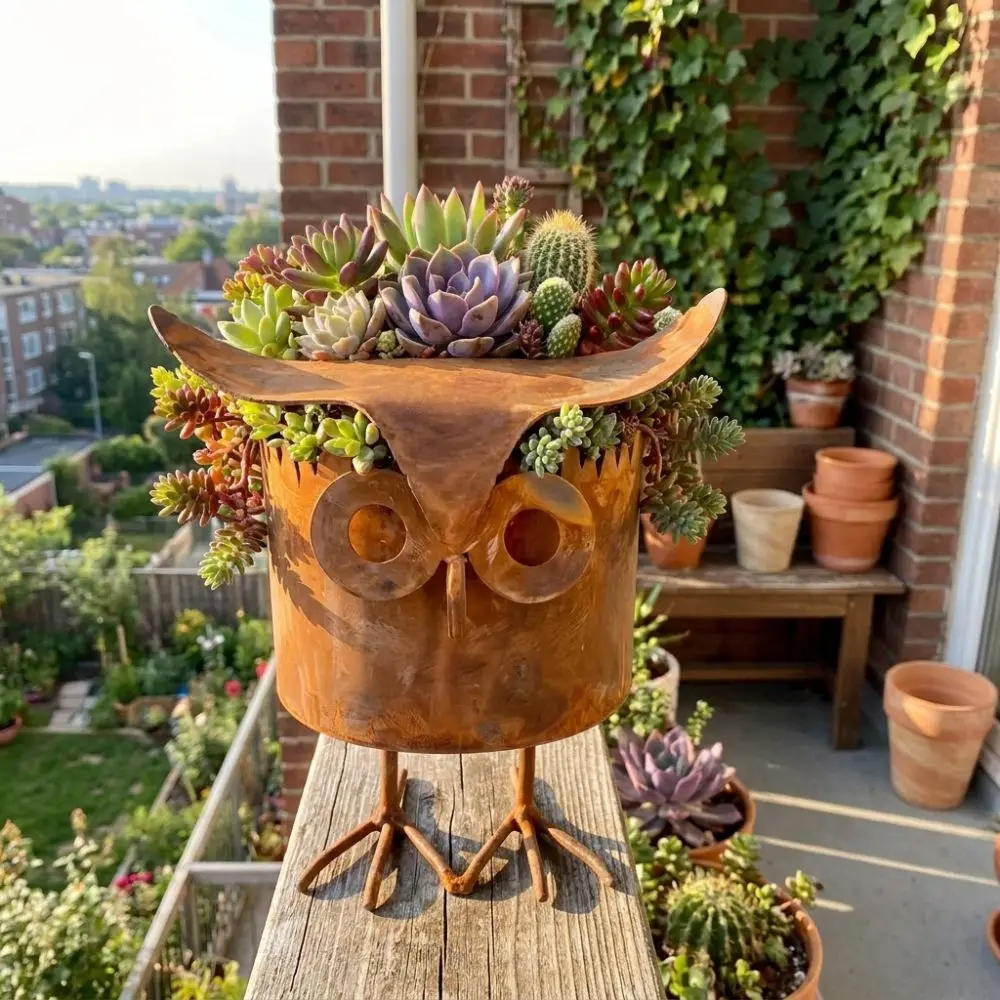Plant Pot Metal Owl Flower Pot Retro Drainage Hole Plant Holder with Legs Weathered Finish Bird Flower Pot Window Shelf