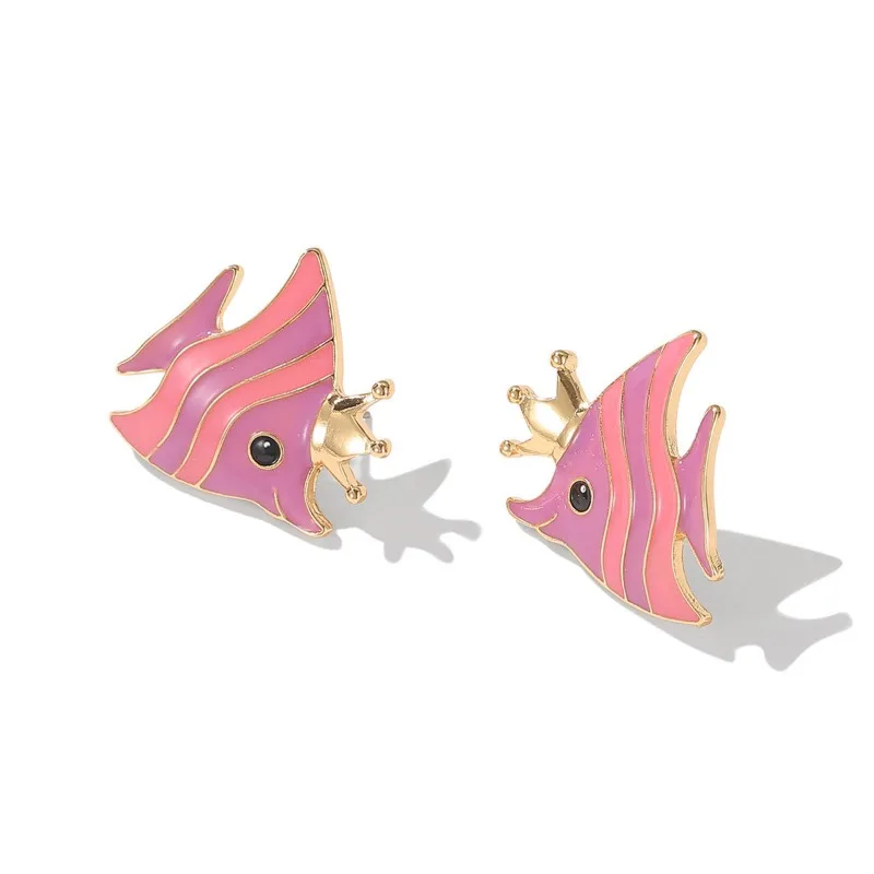 2025 Cross-border Pink Sweet Ins Style Ocean Series Earrings Enamel Glaze Crown Small Fish Earrings for Women