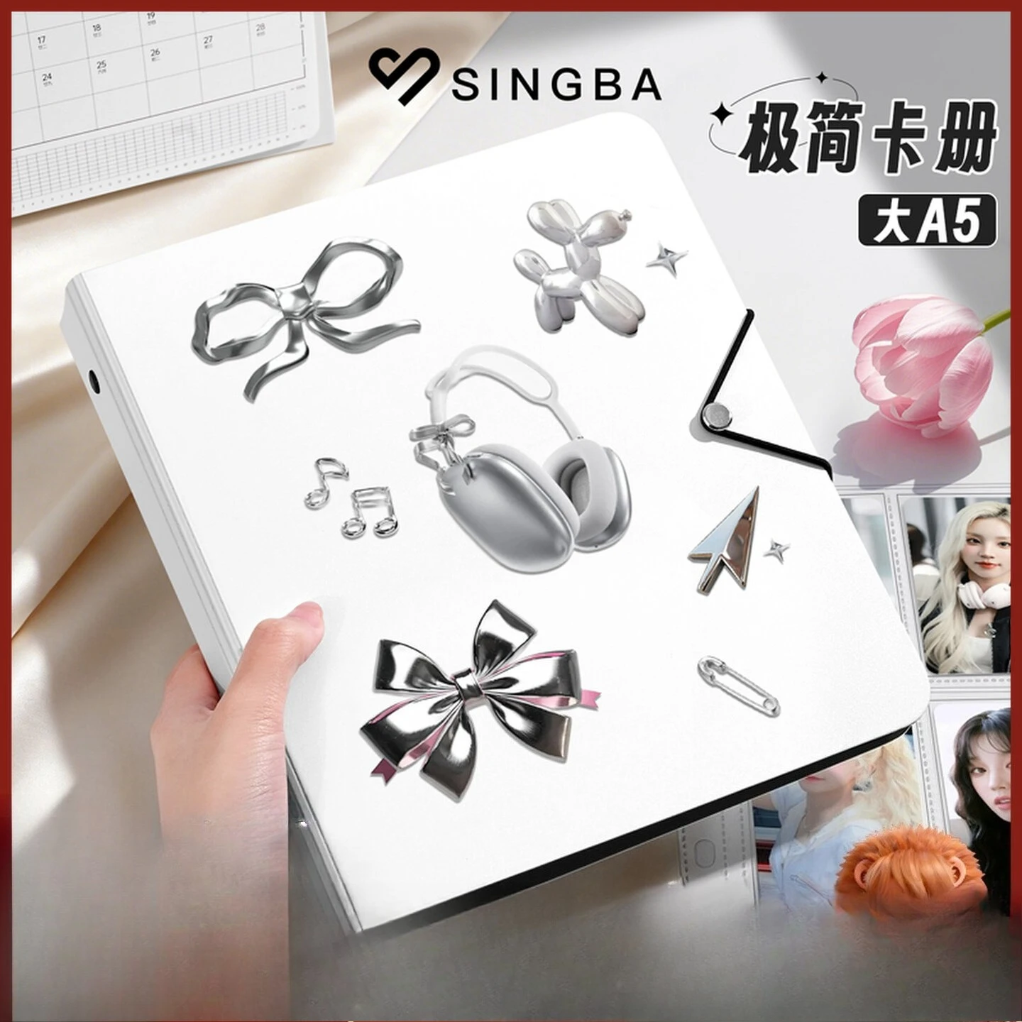 SINGBA Minimalist Big A5 4-Pocket Photo Album,Large Capacity 3Inch Kpop Photocard Binder for Idol Picture, Postcard Collectible