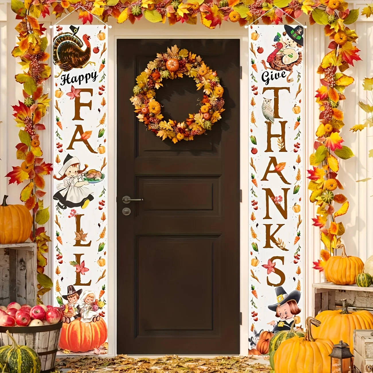 Thanksgiving Decorations Vintage Give Thanks Fall Porch Sign Banner Autumn Harvest Front Door Hanging Banner with Turkey Pumpkin