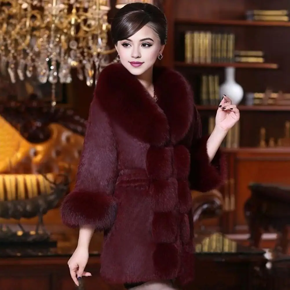 Celebrity Overcoat Elegant Mid-aged Women's Fuzzy Faux Fur Overcoat with V Neck Elastic Waist Celebrity Prom for Cold-proof