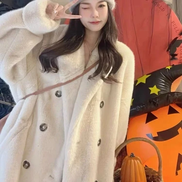 2025 nuevas mujeres de imitación de piel de conejo temperamento abrigo de invierno cálido grueso abrigo largo chaqueta de piel de doble botonadura