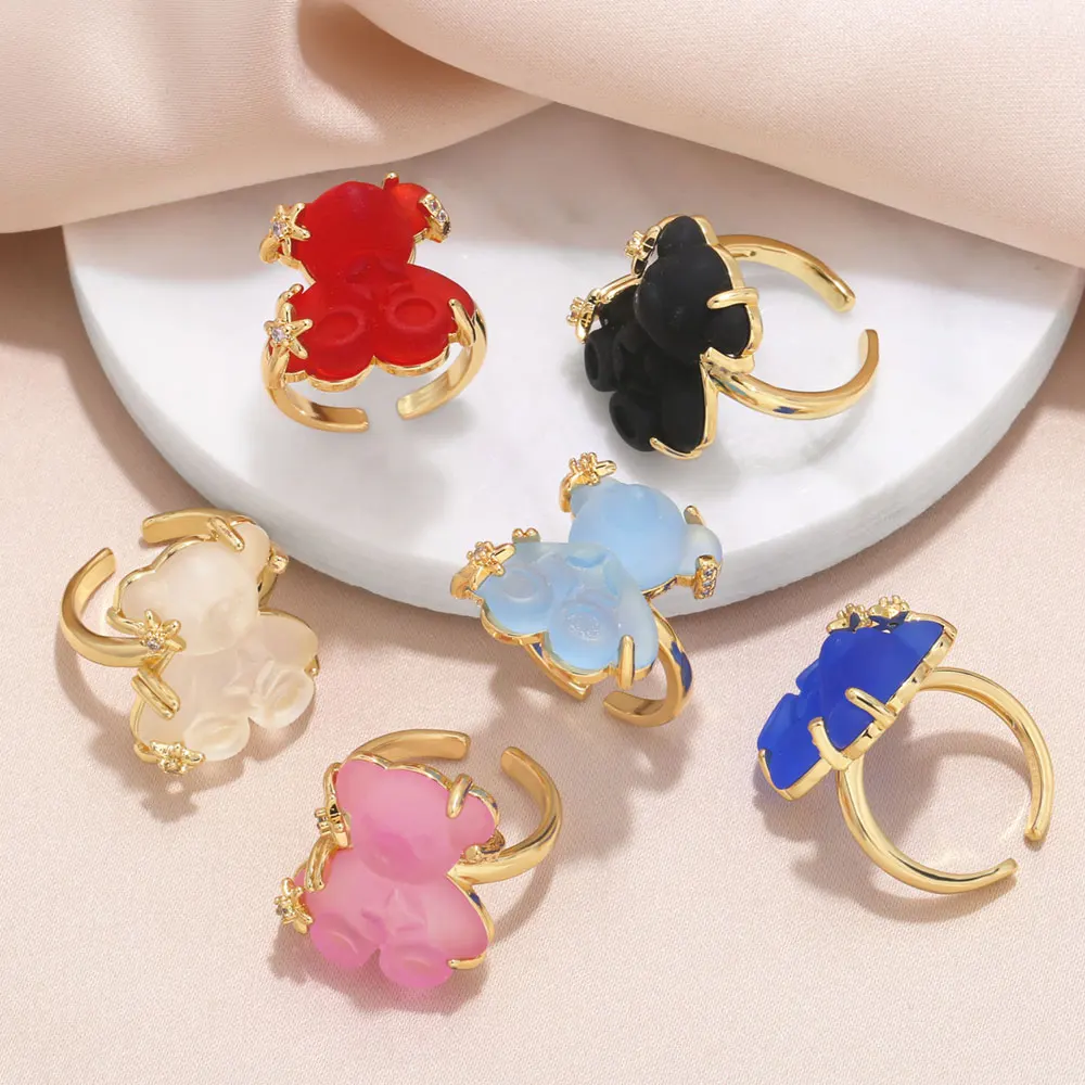 FLOLA Candy Color Gummy Bear Rings for Women Copper Gold Plated Rings Adjustable Animal Jewelry Friends Gifts rigs64