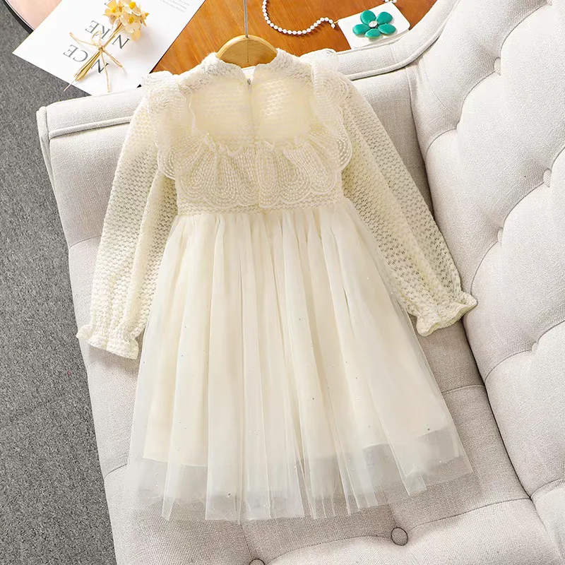 Children\'s Party Dress Summer Girl Solid Lace Mesh Long sleeved Ball Dress Elegant Children\'s Princess Dress Clothing